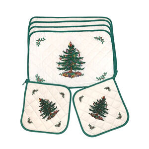 Spode Christmas Tree Cloth Placemats Set of 4 with 2 Pot Holders Cotton Washable